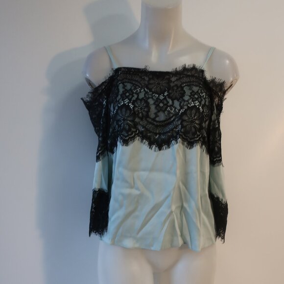 Womens Alice + Olivia Blue, Black Silk Blend Lace Cold Shoulder Blouse S - Picture 1 of 9